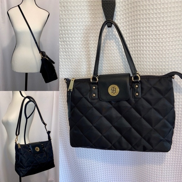 Women’s Tommy Hilfiger‎ black and gold quilted convertible Crossbody/Tote bag - Picture 1 of 12